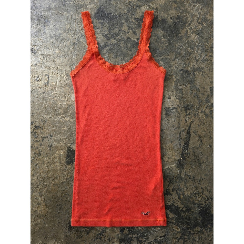 Vintage 2000s Hollister Orange Lace Trim Cami Tank Top Size M Ribbed Y2K